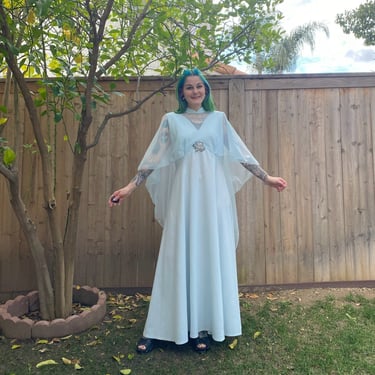 Vintage 1970’s Pastel Blue Maxi Dress with Sheer Attached Shawl 
