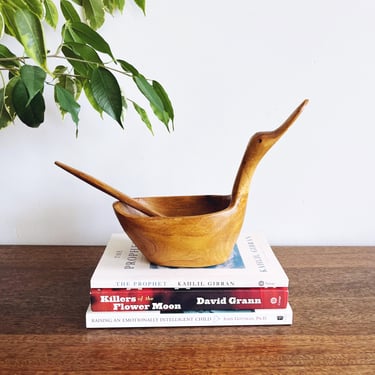 Vintage Olive Wood Duck Bowl with Spoon 