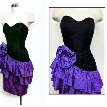 1980's Purple Polka Dot Velvet Evening Party Dress Vintage Strapless Corset Ruffle Full Skirt Gown, Size 5, Small, Black Velvet 