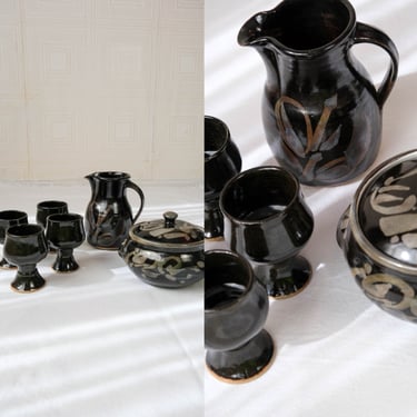 Vintage Stoneware Tea Set w/ Pitcher & Teapot | Teaware Japanese Set | Rustic, Home Decor | Antique Vintage Natural Stone Drinking Cups 