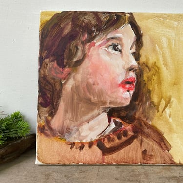 Vintage Woman Oil Portrait, Princess Leia Looking, Young Woman, Yellow Brown Coral,  Impressionist Oil Painting, Original, Impressionism 