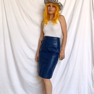 80s Cobalt Blue Leather Pencil Skirt 