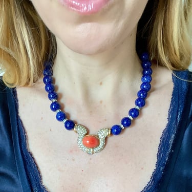 Unsigned Ciner Lapis Blue Glass Coral Statement Necklace