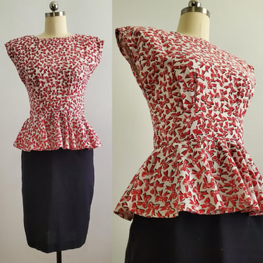 1980s Peplum Dress with Adorable Bow Print - 80s does 40s Dress - 80s Women's Vintage Size Medium 