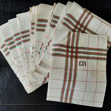 1 to 9 Large Unused French Linen Torchon Vintage, Monogrammed Kitchen Tea Towel CM, Red and Green Stripes, Linen Towel, For ONE 