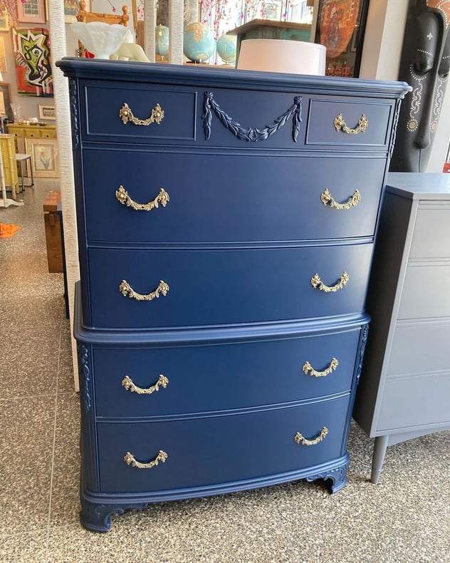 Blue painted regency style chest of drawers. Top drawer hides a pop up mirror...