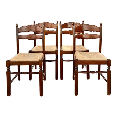 Rustic Oak Farmhouse Ladderback Rush Seat Chairs - Set of 4 