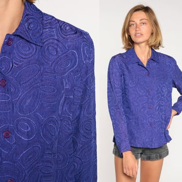 Purple Blouse 90s Button Up Shirt Abstract Swirl Print Textured Long Sleeve Collared Secretary Top Embossed Party Vintage 1990s Small S 