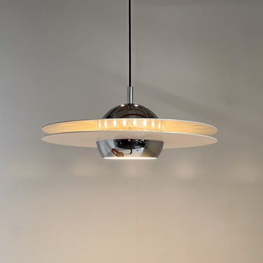 1970's UFO Chrome & Lacquered Metal Space Age Pendant, Italy / UFO Pendant Light / Space Age Lighting 