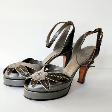 40s High Heel Platform Shoes Maryjanes Gray Silver Floral Manning Original 