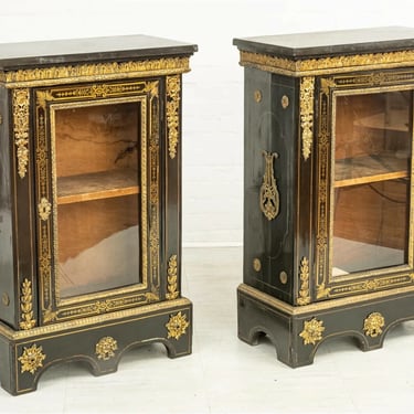 Cabinets, Side, French Boulle Ebonized, Ormolu Mounted, Marble Top, Pair, 1800's