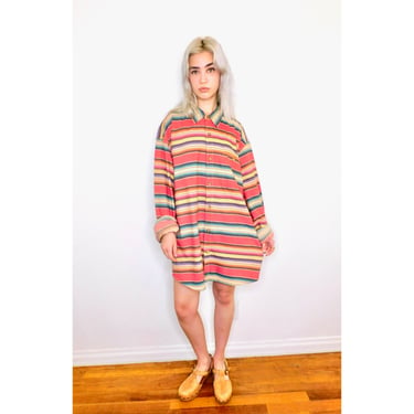 Serape Mini Dress // vintage sun Mexican style rainbow striped 90s boho hippie cotton hippy menswear oversize // O/S 
