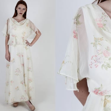 Vintage 70s Floral Prairie Wedding Dress Chiffon Ruffle Gown Split Sleeve Maxi 