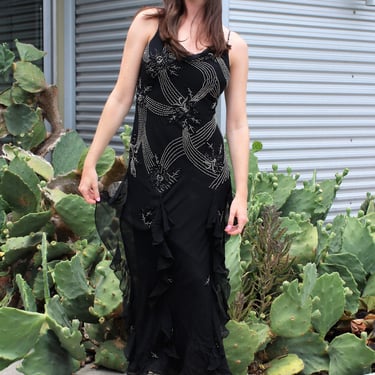 Vintage 1990s Lillie Rubin Black Beaded Silk Evening Gown, Size 2 Women, silver beads, ruffle trim 