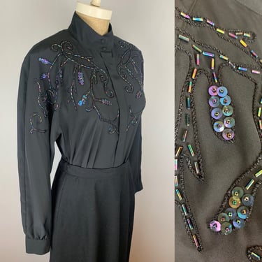 Black Multi Colored Sequined Blouse | Vintage 80s | Padded Shoulder | Size 