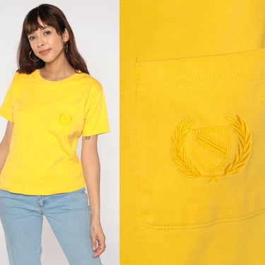 Yellow Pocket Tee 90s Embroidered Crest T Shirt Retro Plain TShirt Solid T-Shirt Minimalist Top Basic Streetwear Cotton Vintage 1990s Small 