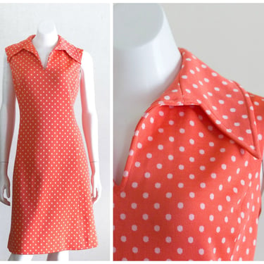 Vintage 1970s Sheath Dress | Coral with White Polka Dots | Sleeveless | V-Neck Lapel 