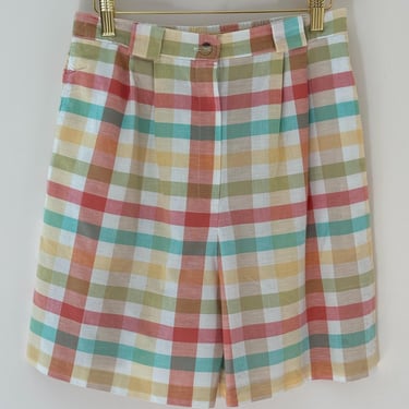 1980's Plaid Shorts Super High Rise Pretty Colors Pink Teal and Yellow 