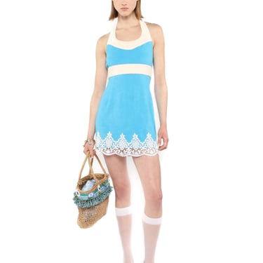 Anna Sui Cabana Terry Halter Lace Dress - Ocean Blue