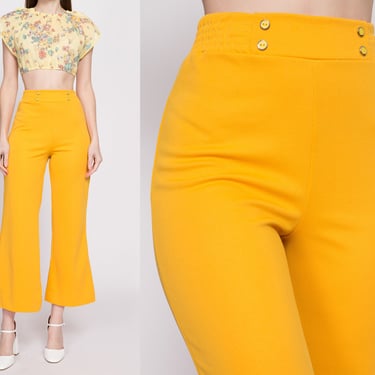 70s Golden Yellow Bell Bottoms - XS to Small | Vintage High Waisted Retro Flared Elastic Hippie Trousers 