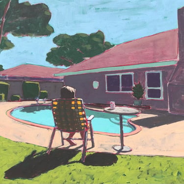 Pool #94 - Original Acrylic Painting on Canvas 24 x 18, woman, swimming, outside, summer, michael van, retro, mcm, vintage, water, backyard 