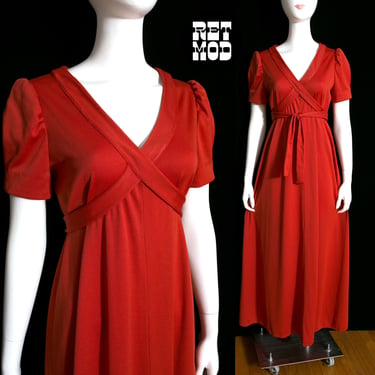 Lovely Vintage 60s 70s Rust Colored Maxi Dress with Puff Sleeves and Criss Cross Waist Tie 