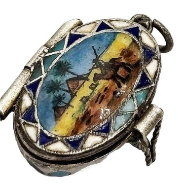 Egyptian Revival Sterling Silver Painted Enamel Locket w/ Gilded Gold Nude Mummy 