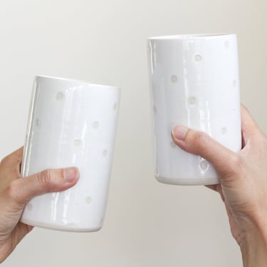 Tall Confetti Ceramic Cup - Tumbler/Water Glass/Mug - Polka Dot White Glaze - Handmade Modern Pottery/Clay - Cute Drinkware - Cylinder Vase 