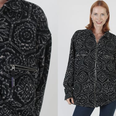 Vintage 90s Patagonia Aztec Print Fleece, Made In USA Floral Tile Snap T Jacket, Full Zip Mens Unisex Jacket Medium M 