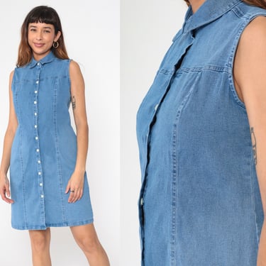 90s Denim Mini Dress Button Up Jean Dress Sheath Collared Dress Vintage High Waist Sleeveless Blue MiniDress Plain 1990s Medium 10 Petite 