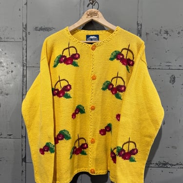 Vintage Cranberry Picture Knit Sweater Yellow Cardigan Cozy cherry fruit 