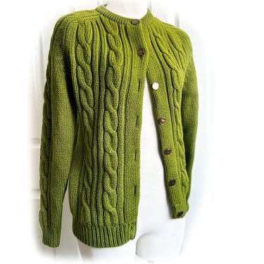 60's Green WOOL Cardigan Sweater, Cable Knit, Fully Fashioned, Avocado Green, Vintage, 1960's, 1950's, Mid Century, 36