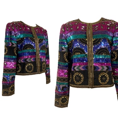 Vtg Vintage 1980s 80s Glam Disco Jewel Tone Beaded Sequin Cropped Trophy Jacket 