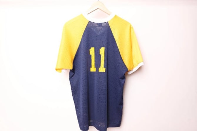 vintage COLOR block 1970s sheer mesh 70s BASEBALL jersey "Thirteenth" blue & yellow short sleeve 70s t shirt -- size large 