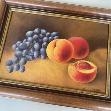 Antique 1888 Fruit still life oil painting on canvas, Wood framed signed original art, Vintage farmhouse kitchen art 
