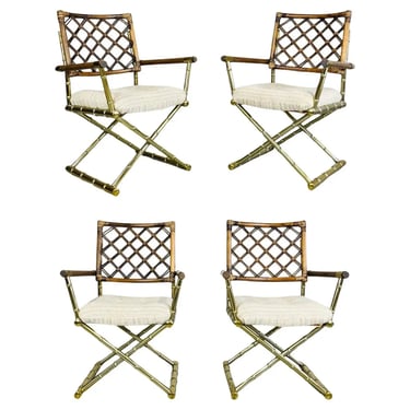 Vintage Cleo Baldon Style Brass Faux Bamboo Dining Set Table & 4-Armchairs 