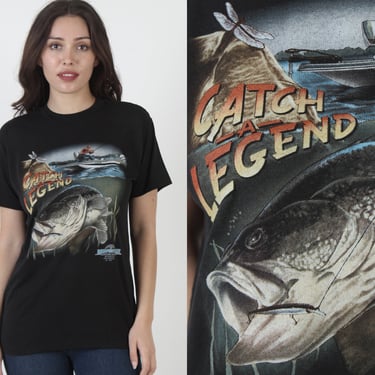 Vintage 1991 Down To Earth 3d Emblem Catch A Legend Black 50 50 Fishing T Shirt Size Medium M 