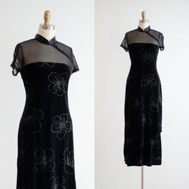 black velvet maxi dress 90s y2k vintage glamorous mandarin collar sheer mesh cutout tight stretchy velvet floor length gown 
