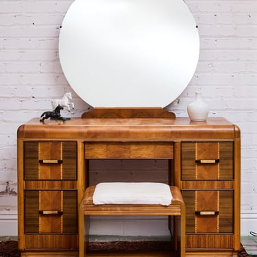 Art Deco Two Tone Maple  Mahogany and Walnut Vanity with Matching Waterfall Stool