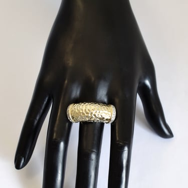 Big 90's gilded 925 silver tourmaline size 9 barrel ring, hammered sterling vermeil domed knuckle statement 