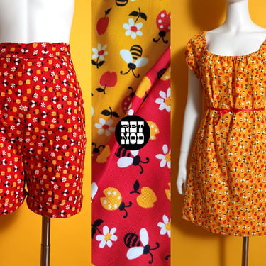 SET - So Cute Vintage 60s 70s Golden Yellow & Red Bee and Apple Print Dress with Matching Shorts 