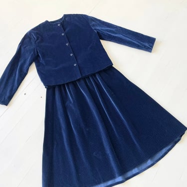 1970s Midnight Blue Dotted Velour Two Piece Set 