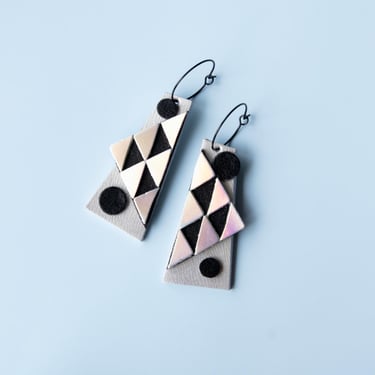 Geometric Patchwork Earrings in Iridescent Silver / Black - Lightweight Reclaimed Leather Statement Earrings 