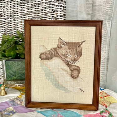 Vintage Needlework Wall Art, Sleeping Kitten, Napping Cat, Hand Stitched, Wood Frame, Home Decor, Wall Hanging, Yarn Art, Dated 1987 