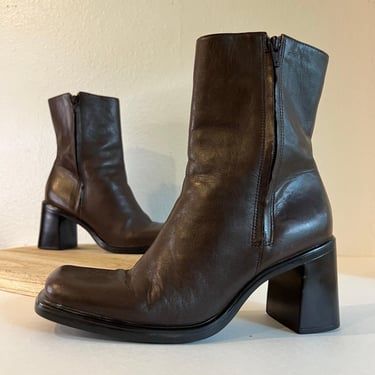 Gianni Bini Brown Genuine Leather Square Toe Double Zipper Boots Women's Size 9 