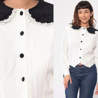 90s White Blouse Black Lace Trim Contrast Collar Shirt Button Up Shirt 80s Romantic Vintage Peter Pan Collar Shirt 1990s Long Sleeve Small S 