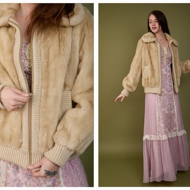 Vintage 1970s 70s Lilli Ann Blonde Faux Fur Bombed Jacket Coat w/ Rounded Collar, Champagne Satin Lining 
