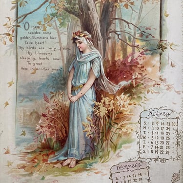 Antique 1902 Calendar Page, Oeters Bread Company, November December,Birthday Ephemera, Young Woman Picking Apples, Grecian Gown 