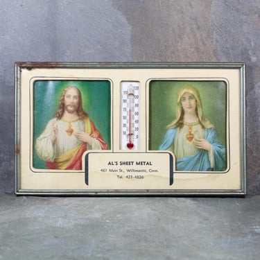 RARE! 1940s Promotional Thermometer | Jesus and Mary Wall Art | Al's Sheet Metal, Willimantic, CT | Religious Promotional Ephemera 