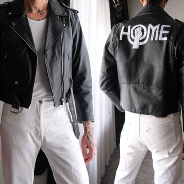 Vintage 70s HOME 1969 John Lennon Solidarity Custom Black Leather Motorcycle Jacket w/ American Flag Lining | 1970s Designer Leather Jacket 